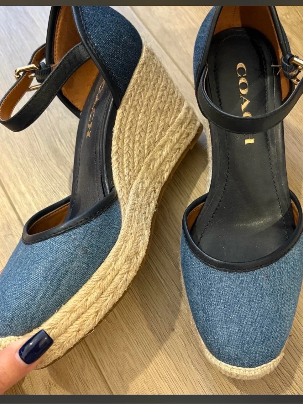 Coach Denim Wedge Sandals with Navy Trim and Ankle Strap